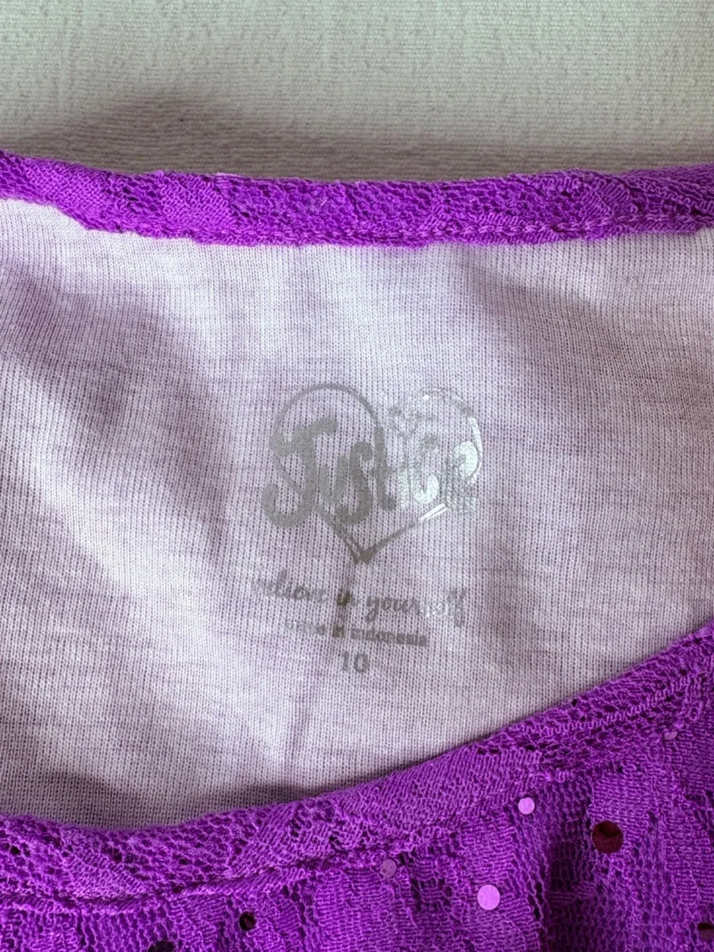 Justice Girls Purple Lace Overlay/Sequins Babydoll Sparkly Top Size 10 Y2K